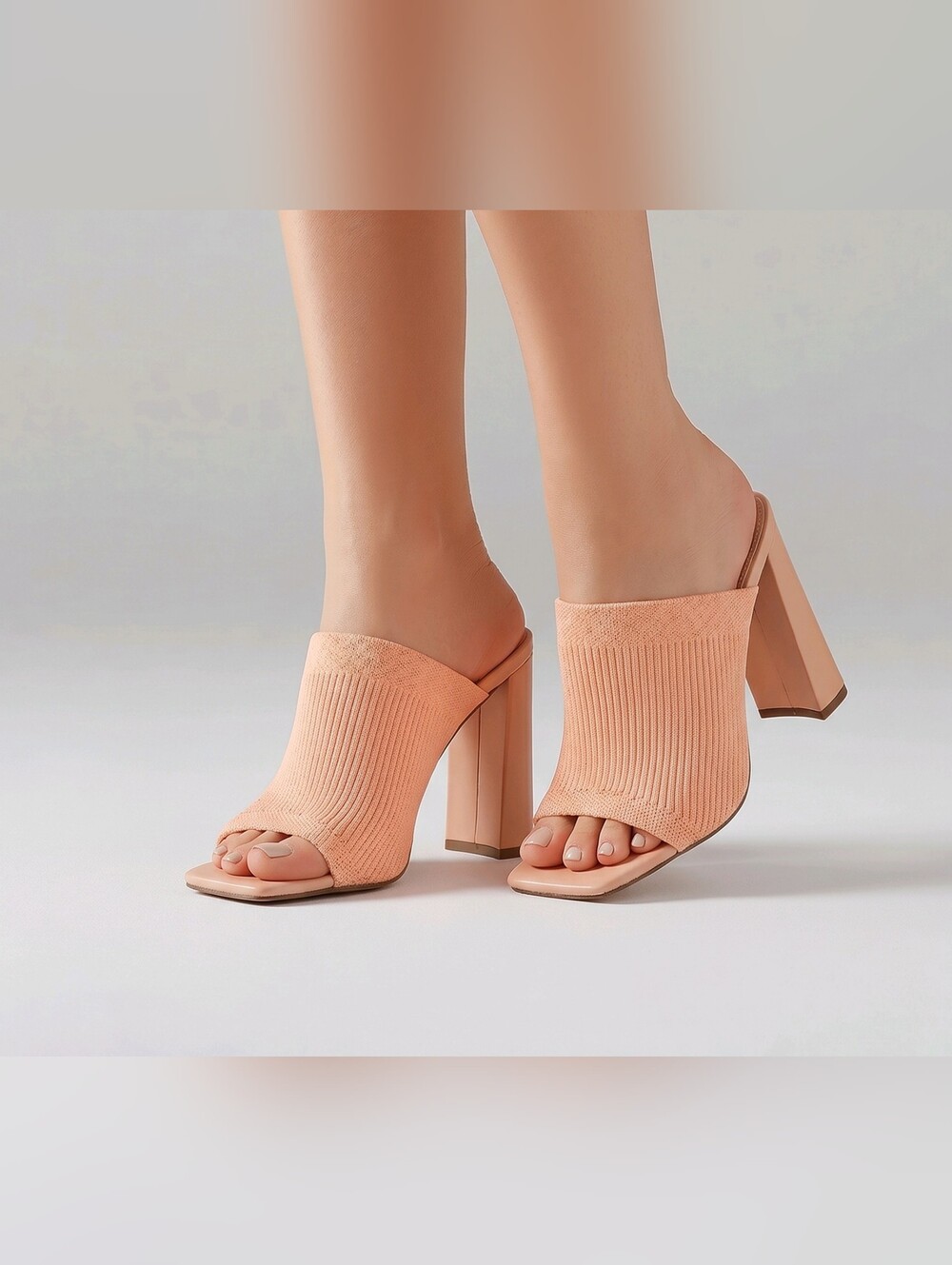 CAPE ROBBIN - Peach Knit Open-Toe Block Heel Mule Sandal